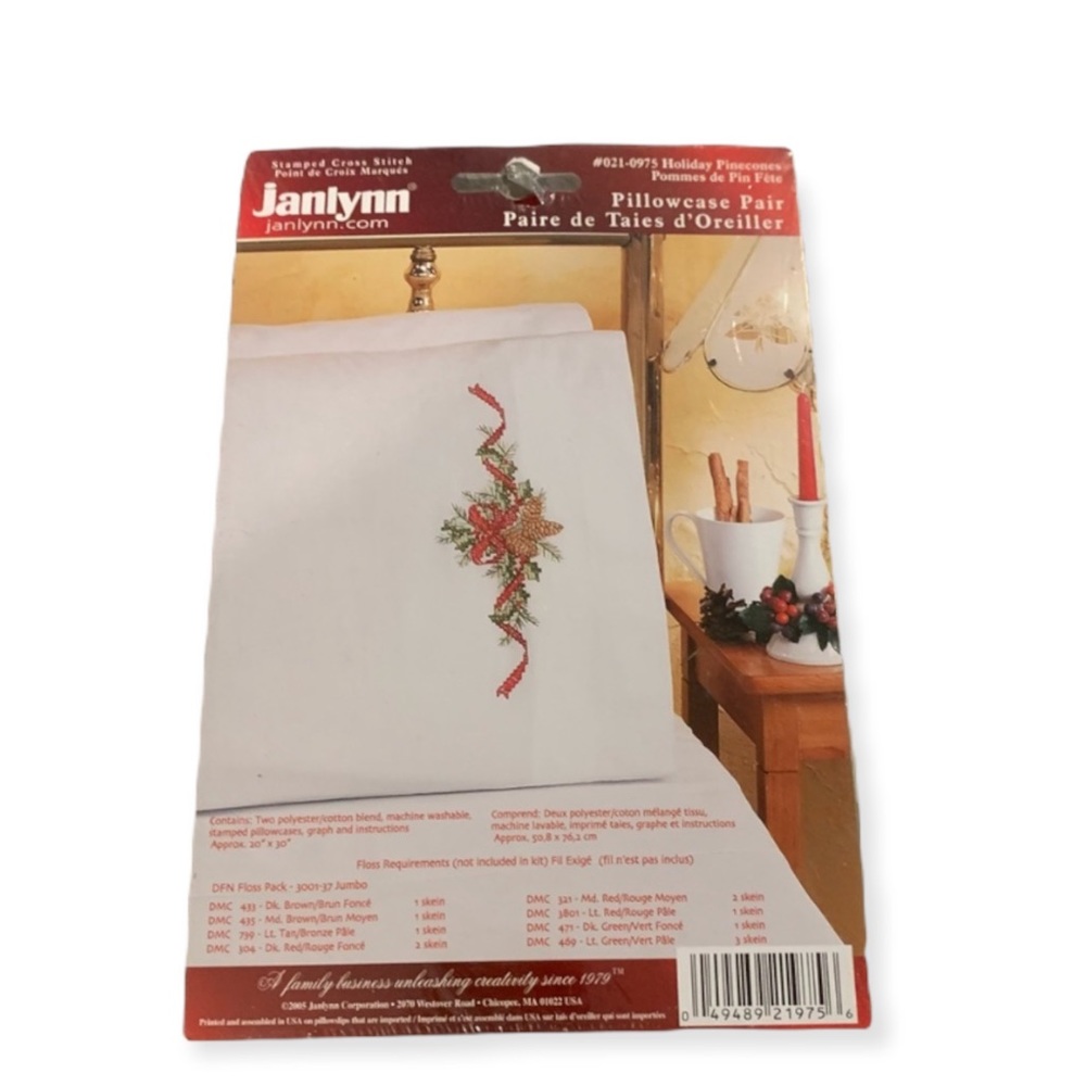 Janlynn Pillow Pair Holiday Pinecones ribbon 021-0975 Stamped Cross Stitch Xmas